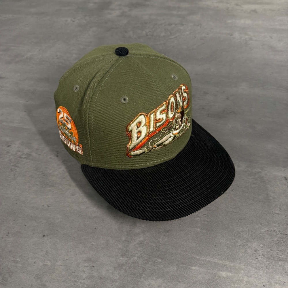 New Era Buffalo Bisons Hat Mens 7‎ 1/8 Olive Green Black Corduroy 59FIFTY Fitted
